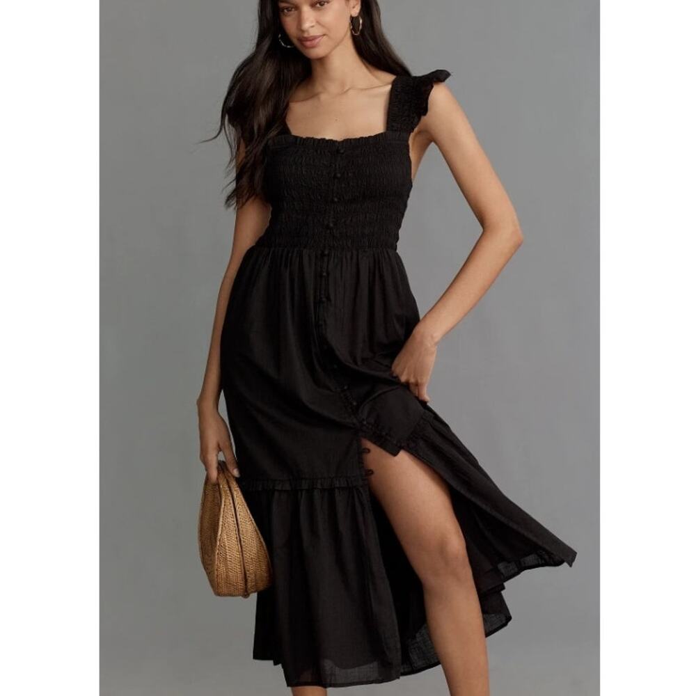 Anthropologie The Peregrine Square-Neck Midi Dress Womens L Black Smocked A-line